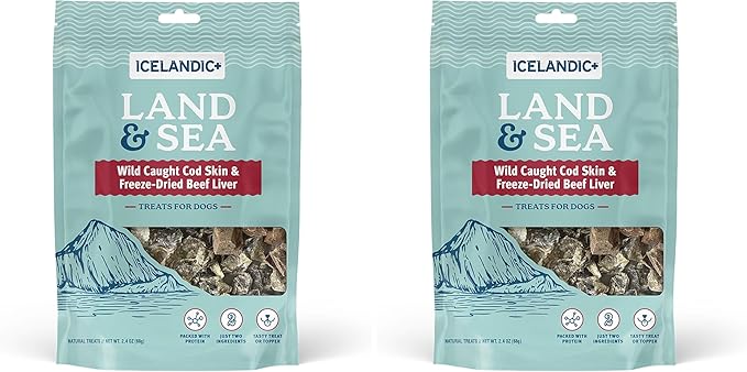 Icelandic+ Land & Sea: Wild Caught Cod Skin & Freeze-Dried Beef Liver - 2.4oz Bag, Dog Treat & Food Topper, 2 Ingredients, No Preservatives, Natural (Pack of 2)