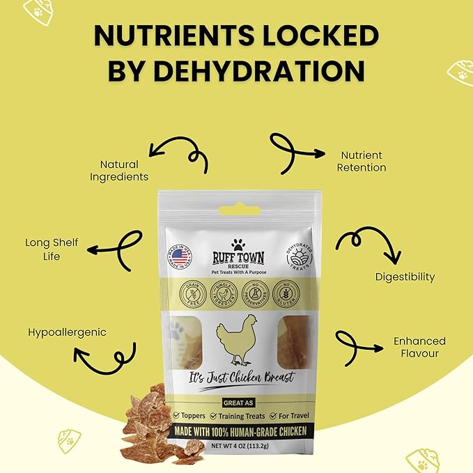 Chicken Jerky Dog Treats Made in USA | Chicken Dehydrated Breast | Training Treats | Human Grade, High Protein, Single Ingredient Dog Treats | Grain-Free, Hypoallergenic | All Breeds, 4 oz
