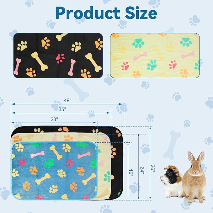 YUEPET 3 Pack Waterproof Guinea Pig Blankets Washable Small Animal Fleece Cage Liners Soft Pet Mat Guinea Pigs Fleece Bedding for Hamster Rabbit Chinchilla Ferret Guinea Pig 48"×24"