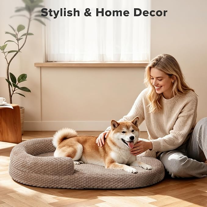 JOEJOY Orthopedic Dog Bed Medium Size Dogs, Waterproof Washable Oval Dog Beds with Removable Cover, Egg-Crate Memory Foam Pet Bed with Bolster Sides & Non-Skid Bottom, Brown, 28''x20''