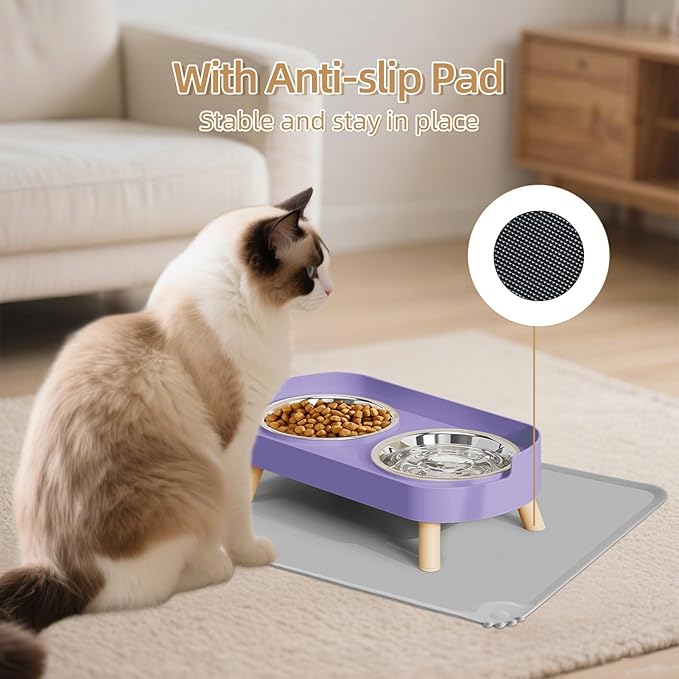 Elevated Cat Bowl with Food Mat, Raised Cat Food and Water Bowl Set for Indoor Cats, Splash Proof with 2 Stainless Steel Pet Food Bowls for Cat and Puppies,Whisker Fatigue and Dishwasher Safe (Purple)