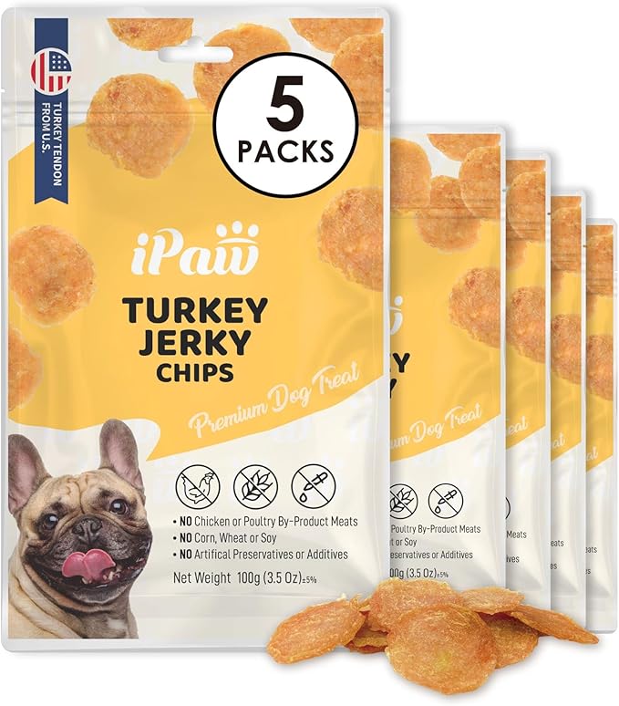 iPaw 5 Stock-Up Combo Turkey Chips Dog Treats for Puppy Training, All Natural Human Grade Dog Treat, Hypoallergenic, Easy to Digest (Turkey Chips), 5 Packs