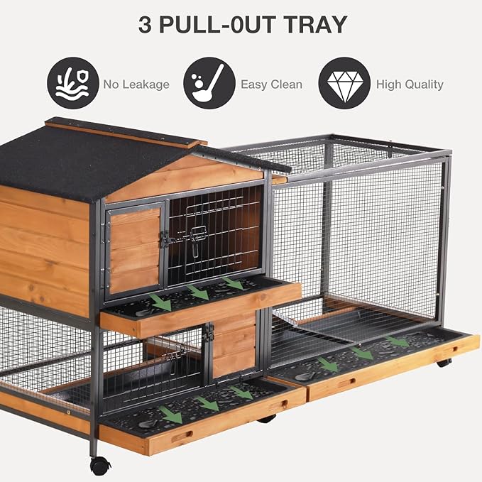 Rabbit Hutch Indoor/Outdoor Bunny Cage with 6 Wheels 2 Story 2 Trays Rabbit Cage Chew-Proof Ramp and Metal Frame – Ideal for Guinea Pig Cage
