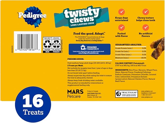 Pedigree Twisty Chews Medium/Large Long-Lasting Dog Treats Chicken & Beef Flavor, 9.17 oz. Pouch, Pack of 4 (16 Count)