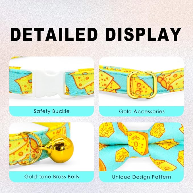 Cheese Cat Bow Tie Collar, Blue & Yellow Cheese Pattern, Wedding/Birthday/Festivals Cat Collar, Quick Release Safety Breakaway Collar