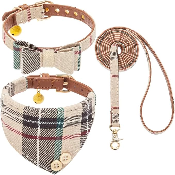KOOLTAIL Small Dog Collar and Leash Set with Bowtie and Bells - Cute Puppy Bandana Collar and Leash with Classic Plaid Pattern, Soft Leather Tangle Free Leashes for Small Boys Girls Dogs,Cats,Beige XS
