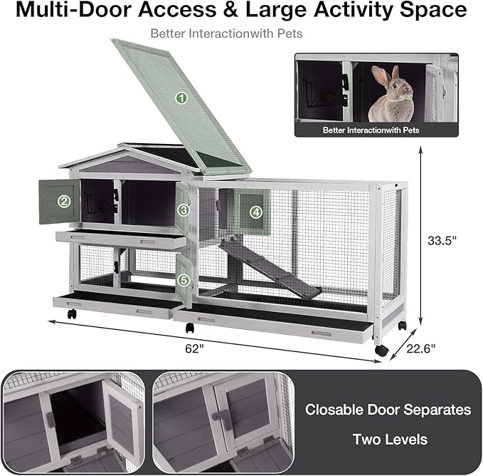 62″ 2-Story Large Rabbit Hutch, Indoor & Outdoor Bunny Cage with Chew-Proof Ramp, 3 Leakproof Pull-Out Trays, Waterproof Roof, 6 Lockable Wheels, for Rabbits & Guinea Pigs