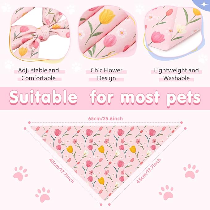 Weewooday 50 Pcs Spring Dog Bandanas Bulk with Daisy, Flower, Floral Soft Bibs Adjustable Triangle Pet Scarf Bowtie for Small Medium Large Costume Grooming(Spring, 25.6 x 17.7 x 17.7 Inch)