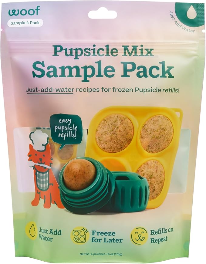 WOOF Pupsicle Mix Sample Pack - Easy-to-Make DIY Pupsicle Refills - Delicious Mix for The Pupsicle Interactive Dog Toy - with Bacon & Cheese, Calming, Balanced Belly, and Dental Mix - 4 Pack Sampler