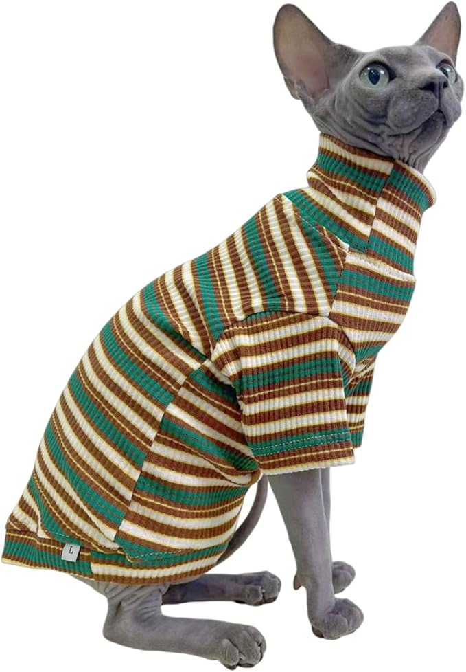 Turtle Neck Vintage Stripes Sphynx Hairless Cat Cotton T-Shirts Pet Clothes Vest Kitten Shirts Sleeveless, Cats & Small Dogs Apparel (Marsh, S (3.3-5 lbs))
