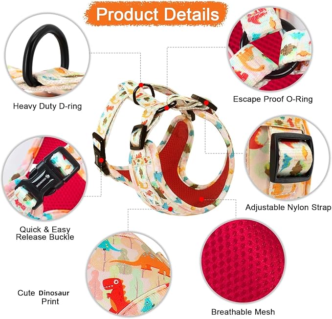 Adjustable Dog Harness and Leash Set for Girl Air Mesh Dog Vest Harness 5Ft Pet Training Leash with Soft Handle Pet Escape Proof for Small Medium Large Dogs (Dinosaur, L)