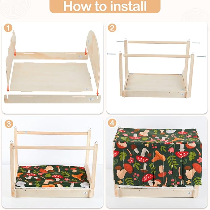 Glittme Guinea Pig Hideout, Wooden Guinea Pig Bed with Waterproof Mat, Durable Rabbit Bed with Door Curtain for Guinea Pig, Rabbit, Ferret, Squirrel, Bunny