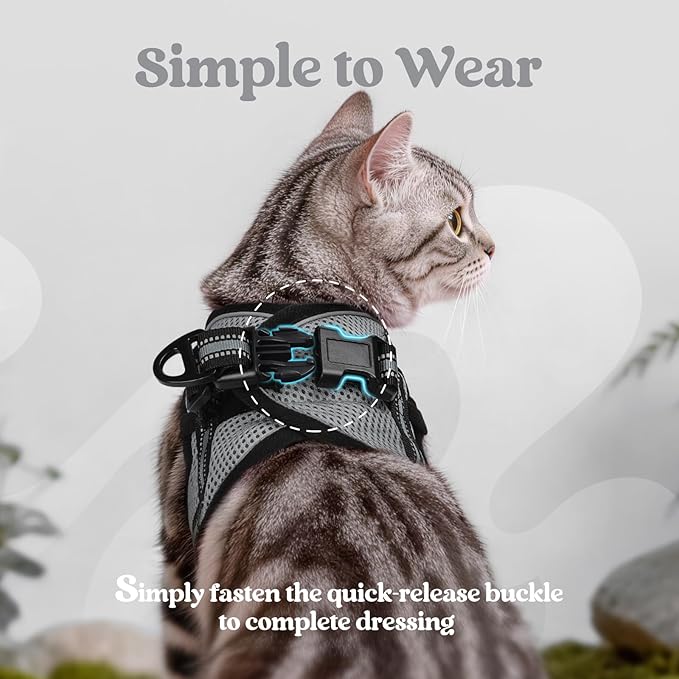 rabbitgoo Cat Harness and Leash Set for Walking Escape Proof, Adjustable Soft Kittens Vest with Reflective Strip for Cats, Comfortable Outdoor Vest, Grey, L