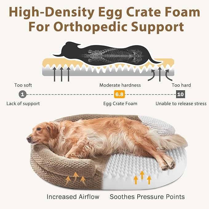 JOEJOY XL Orthopedic Dog Beds Large Sized Dog, Extra Large Washable Waterproof Oval Large Dog Bed with Removable Cover, Egg-Crate Foam Pet Bed with Bolster Sides & Non-Skid Bottom, Brown, 42''x31''