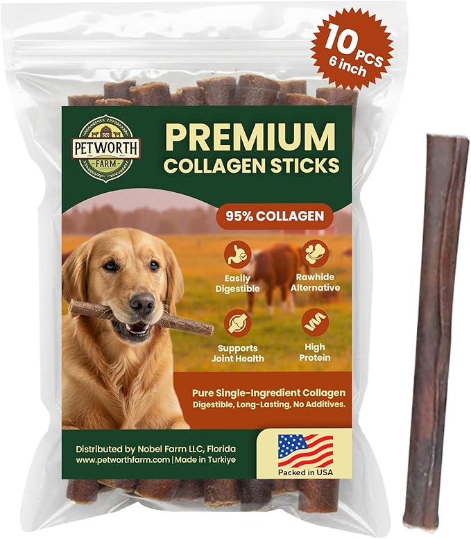 10 Pack 6 Inch Beef Collagen Sticks Chewable for Dogs – Rawhide Alternative Chews, Single Ingredient, Long Lasting Dental Treats, High Protein Natural Dog Chews for Small to Medium Dogs