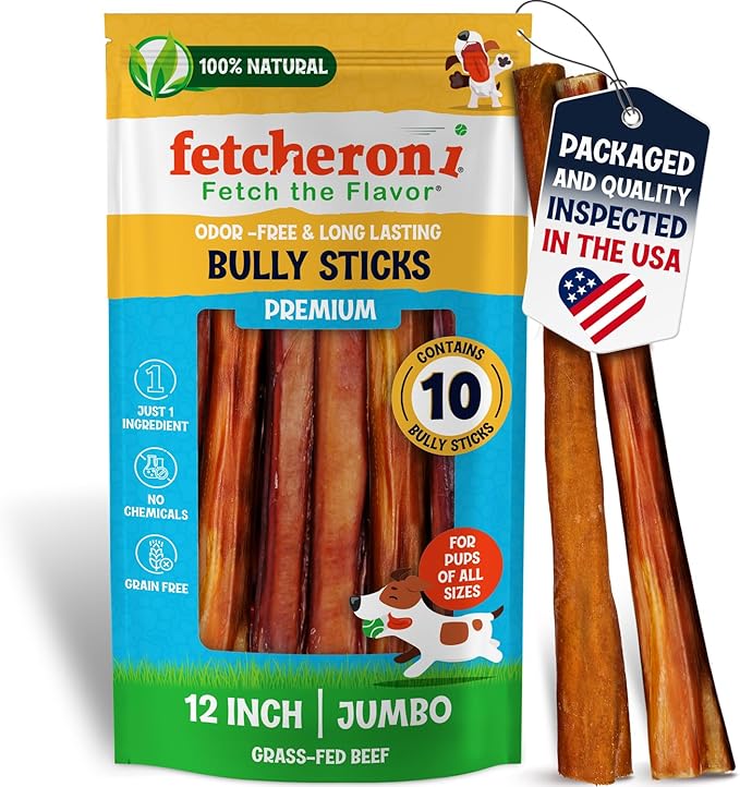Jumbo Bully Sticks for Dogs - 100% Beef Premium Flavor - A Thick, Challenging Bully Stick for Your Large Dog and Aggressive Chewer- Long Lasting Dog Chews for Large Dogs (12 Inch, 10 Pack)