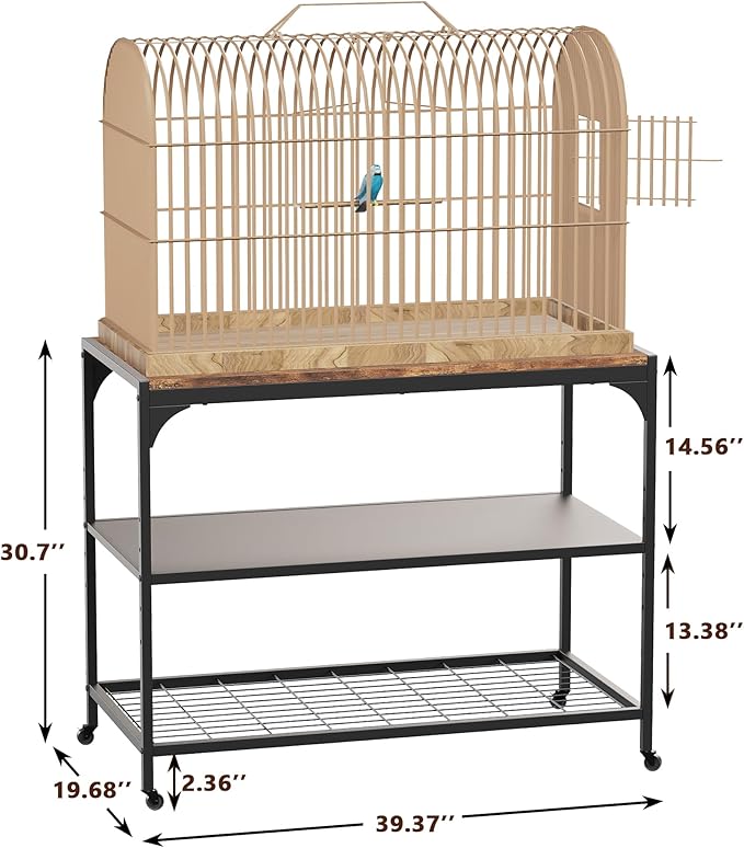 3-Tier Mobile Small Animal Cage Stand with Wood Tabletop, Lockable Caster Wheels, Storage Shelves for Small Animal Habitat for Hamster, Rabbit, Guinea Pig, Furniture Style Design