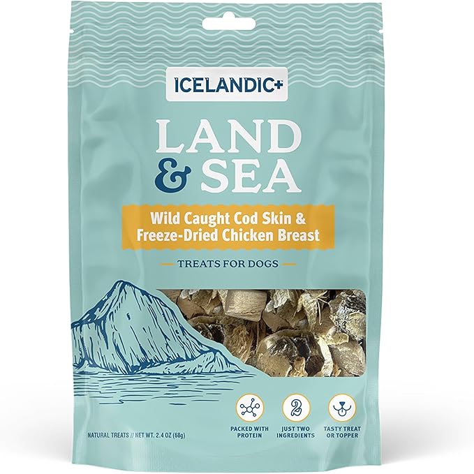 Icelandic+ Land & Sea Wild Caught Cod Skin & Freeze-Dried Chicken Breast - 2.4oz Bag, Dog Treat & Food Topper, 2 Ingredient, No Preservatives, Natural