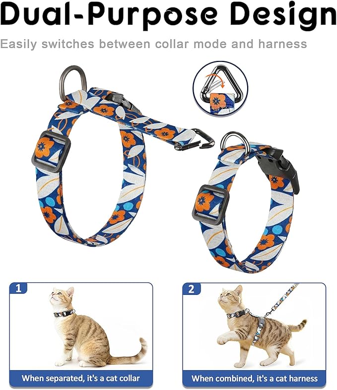 Halypet Cat Harness and Leash Set, Escape Proof 3-in-1 Adjustable Harness for Cats & Kitten, Soft Lightweight, Easy On & Control for Walking, Travel & Outdoor Use, Navy Floral, Small