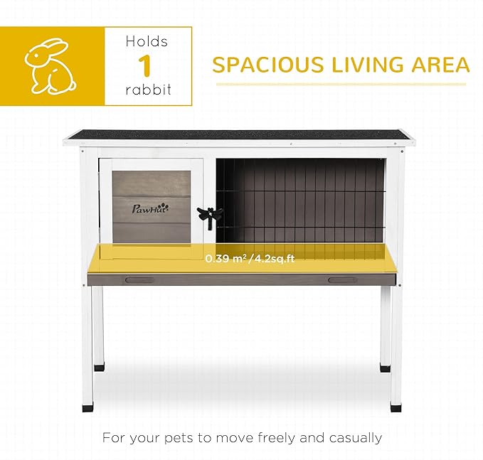 PawHut Elevated Wooden Rabbit Hutch, Indoor/Outdoor Bunny Cage with Hinged Asphalt Roof and Removable Tray for Guinea Pig, Brown