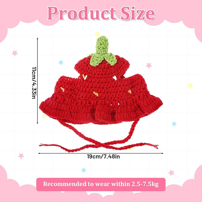 Strawberry Cat Hat, Handmade Knit Cute Soft Dog Cat Hat Halloween Christmas Party Costume Head Wear Accessories for Cats Birthday Puppy Hats for Kitten Small Pets (Red, M)
