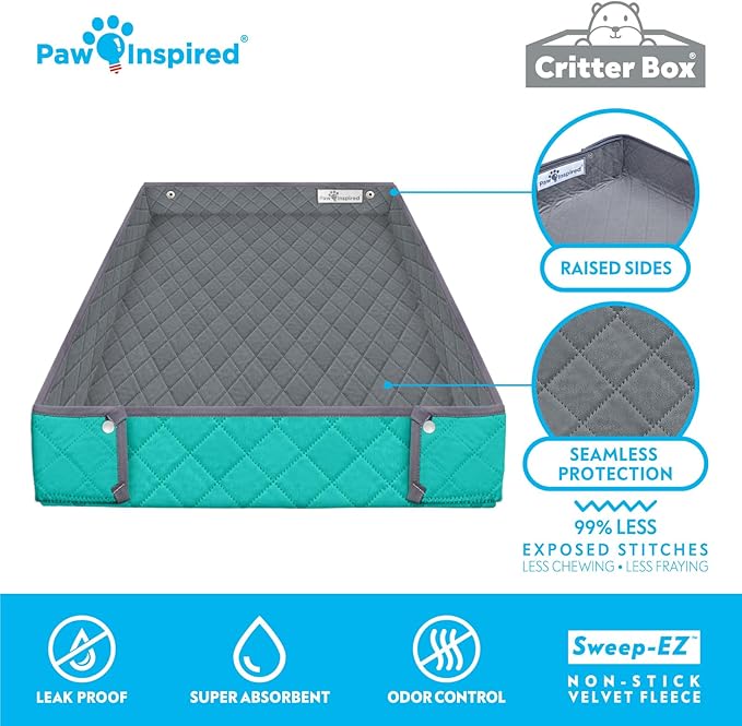 Paw Inspired Critter Box Washable Cage Liner, Reversible Fleece Bedding with Raised Sides for Guinea Pigs and Other Small Animals (Gray/Green, Critter Nation)