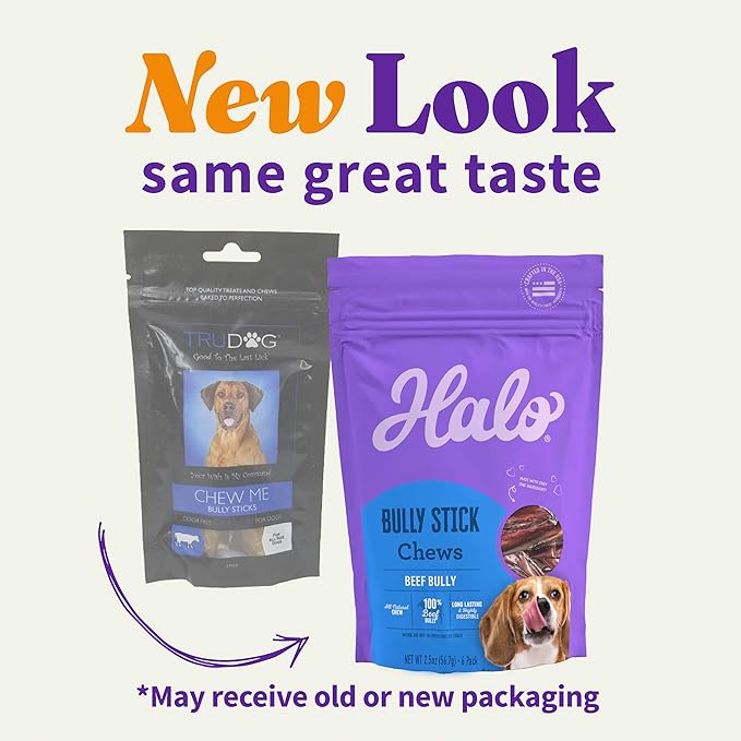 Halo Bully Stick Dog Treats, 100% Beef Bully Chews, For Cleaning Teeth & Dental Health, All-Natural High Protien Treat, 2 Oz Pouch