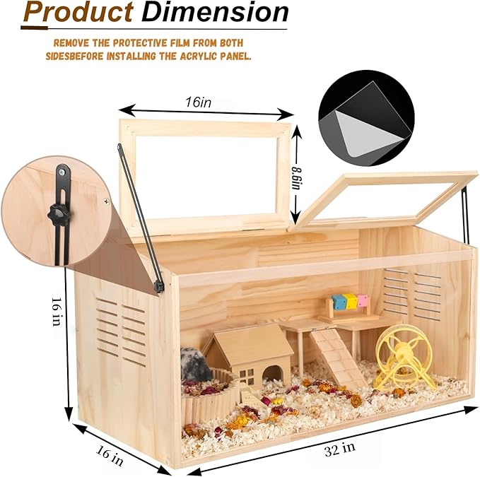 Wooden Hamster Cage,32" Lx16 Wx16 H,2 Washable Liner, Animal Cabinet for Dwarf Syrian Hamsters Degus, Hamster Habitat with Openable Top and Large Acrylic Sheets, Natural Wooden Hamster Habitat