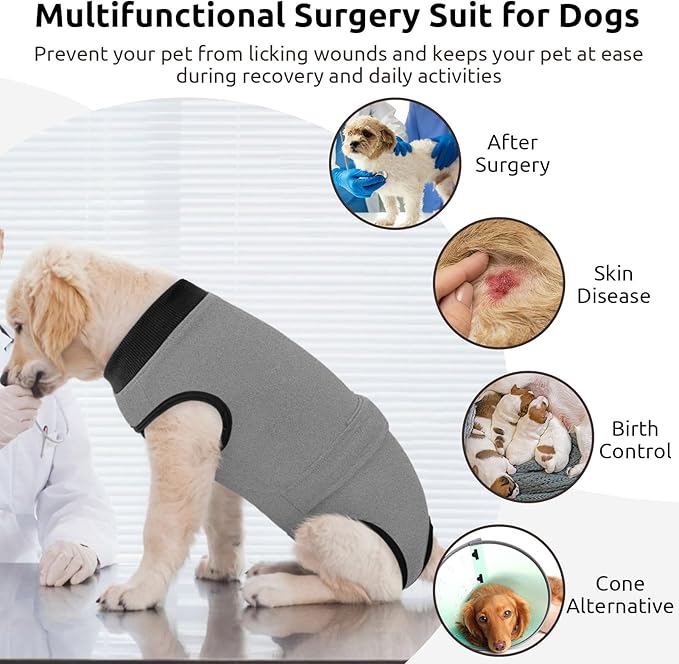 Queenmore Recovery Suit for Dogs Cats After Surgery,Dog Surgical Recovery Suit Onesie,Anti Licking Pet Female Post-Operative Spayed Neutered Puppy Surgical Clothes for Abdominal Wounds, Grey