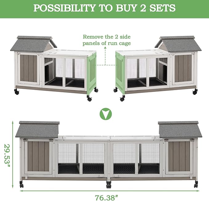 Gowoodhut 76.38"L Rabbit Hutch Indoor and Outdoor with 8 Wheels,Wooden Rabbit Cage with Pull Out Leak-Proof Tray for 2-4 Rabbits,Bunny Hutch with Asphalt Roof Suitable for Garden,Park,Living Room,Grey