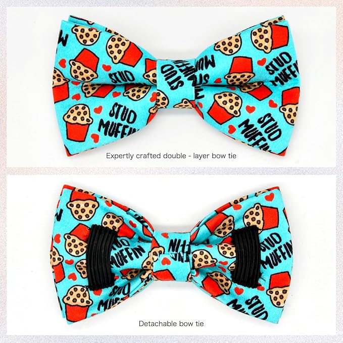 Cat Collar Bow Set, Blue Stud Muffin Cake, Wedding/Birthday Breakaway Collar Bowtie for Kitten/Cat