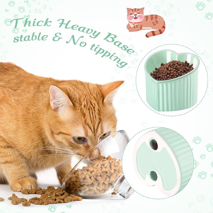 Mumufy 2 Pcs Ceramic Elevated Cat Bowls Tilted Elevated Raised Pet Bowls Anti Vomit Cat Dish for Indoor Stress Free Water Dish Feeder for Puppies, Heart Shaped(Grass Green)