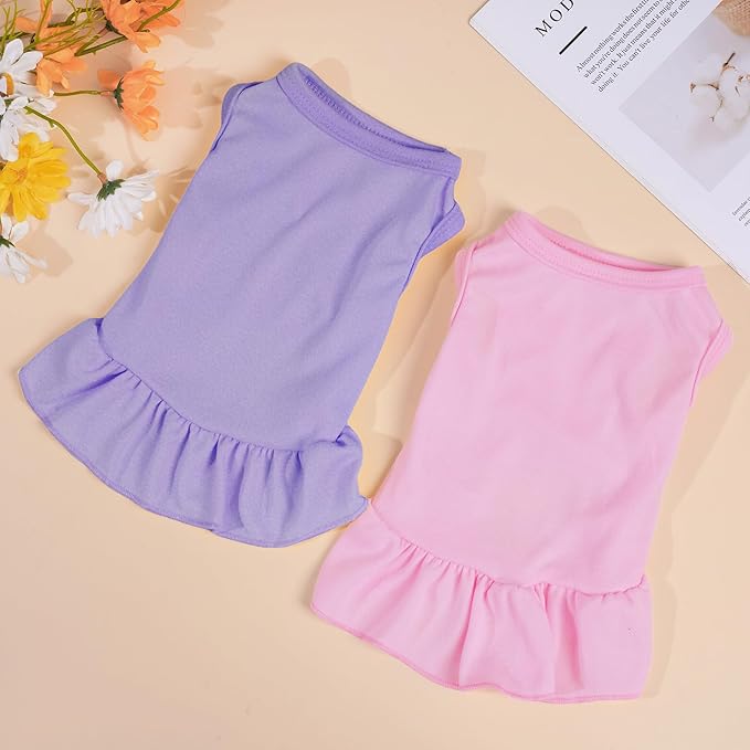 2 Pcs Dog Dresses Cat Skirt Solid Color Dog Clothes Summer Sleeveless Puppy Girl Clothes for Small Pet Dogs Cats (Pink,Light Purple, Small)