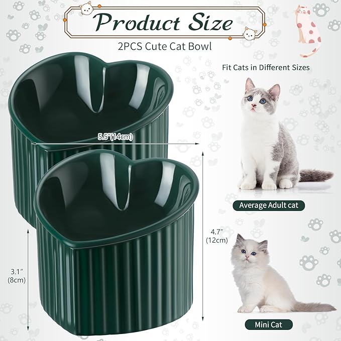 Mumufy 2 Pcs Ceramic Elevated Cat Bowls Tilted Elevated Raised Pet Bowls Anti Vomit Cat Dish for Indoor Stress Free Water Dish Feeder for Puppies, Heart Shaped(Peacock Green)