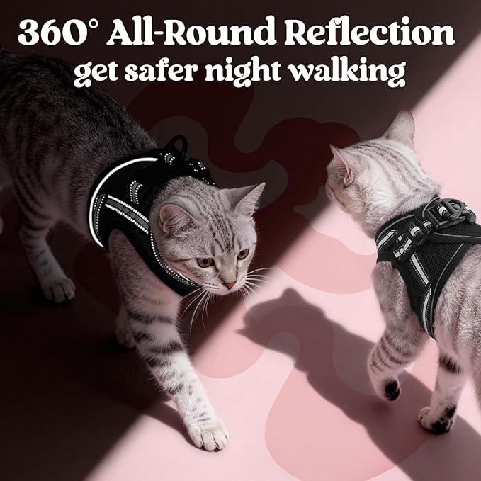 rabbitgoo Cat Harness and Leash Set for Walking Escape Proof, Adjustable Soft Kittens Vest with Reflective Strip for Cats, Comfortable Outdoor Vest, Black, L