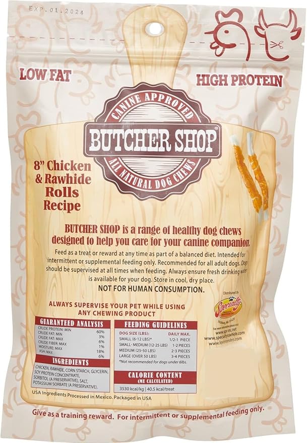 Butcher Shop 8” Chicken & Rawhide Rolls Dog Treats (2 Pack - 20 Rolls)