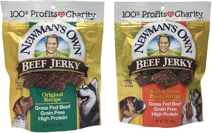 Newman's Own Beef Jerky 2 Set Treats for Dogs, Bundle of 2 Flavors, Original Recipe and Beef & Sweet Potato Recipe, 5oz Each