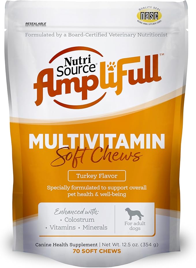 NutriSource AmpliFull Turkey Flavor Multivitamin Soft Chews for Dogs, Daily Supplement with Bovine Colostrum, Essential Vitamins & Minerals for Overall Health, 70 Chews (1 Pack)