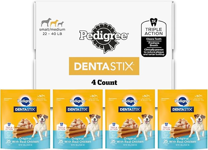 Pedigree Dentastix Small & Medium Breed Dog Treats, Original with Real Chicken, Dog Dental Treats, (4) 25ct Bags (100 Treats Total)
