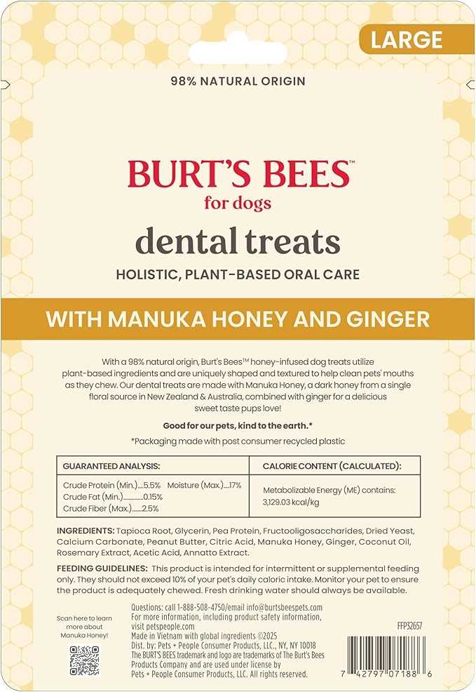 BURT'S BEES FOR PETS Dental Treats for Dogs with Manuka Honey & Ginger, Holistic, Plant-Based Oral Care, 98% Natural Origin Formulas, Peanut Butter Flavor, Dog Treats Medium Dogs, Sz Md/Lg 5ct, 7 oz