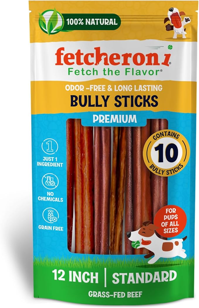 Large Bully Sticks for Dogs - 100% Beef Tasty Natural Flavor - Fully Digestible Dog Chews - Long-Lasting chewing sticks - Bully Sticks Odor Free for Medium and Large Dogs (12 Inch, 10 Pack)