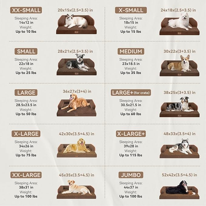Large Dog Bed Orthopedic Washable - Memory Foam Couch Sofa - XXL Large Big Dogs - Beds Bolster Pet - Waterproof with Removable Cover - Coffee Dog Bed