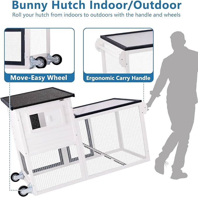 Rabbit Hutch Indoor Outdoor Bunny Cage, Weather Resistant Openable Roof, Slide Out Tray, Handle & Rolling Wheels, Chicken Coop, 48.05" L x 26.02" W x 34.3" H, White