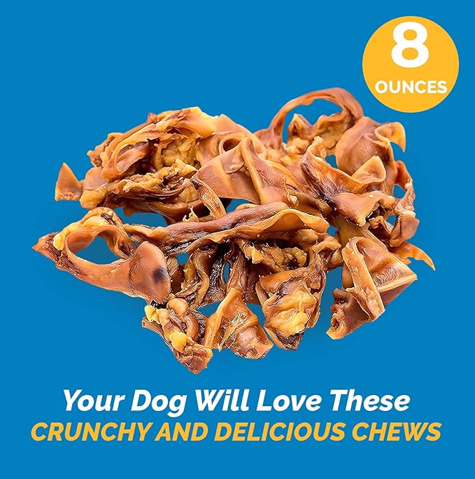 123 Treats Pig Ears Strips for Dogs - (8 Ounce) 100% Natural, Long Lasting & Highly Digestible Chew Treats, Single Ingredient, Slow Baked, Great for Puppy, Large & Medium Dogs