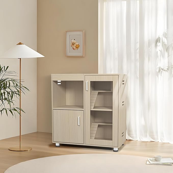Hamster Cage Furniture with Storage Cabinet, House for Rat Chinchilla, 4-Tier Wood Habitat with Small Animal Cage for Rat, Hedgehog,Chinchilla with Openable Top (Teak)