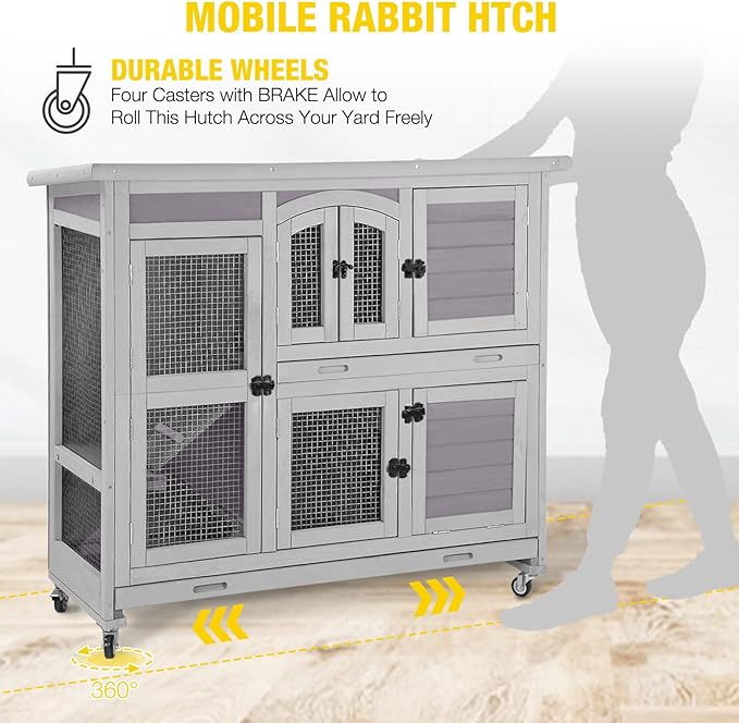 AIVITUVIN Rabbit Hutch Indoor Rabbit Cage Outdoor Two Story Bunny Cage Bunny Hutch Pull Out Tray Guinea Pig Cage on Wheel