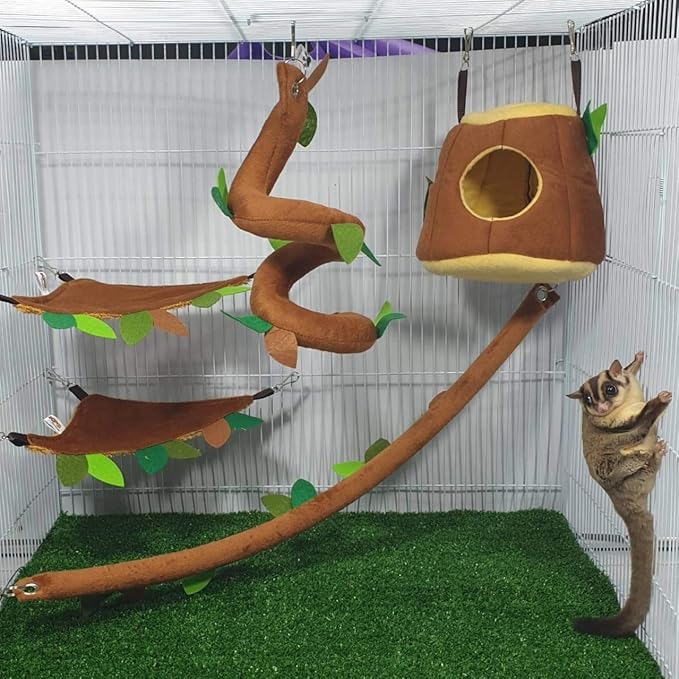 HOT! 5 Pcs Sugar Glider Hamster Squirrel Chinchillas Small Pet Cage Set Hanging Vertical Log Forest Pattern Get Free 1 Small Pet Treats, Polar Bear's Republic (Light Brown Set)