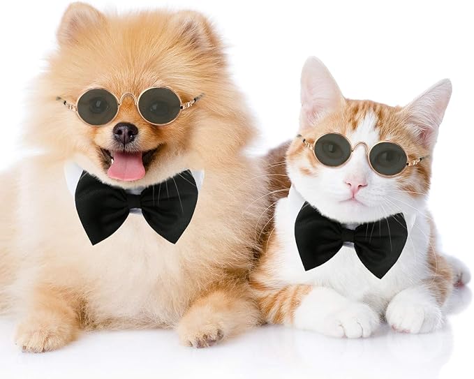 2 Pieces Pets Dog Cat Bowtie Tie Sunglasses Pets Costume Adjustable Formal Necktie Collar for Cats Small Dogs Puppy Round Metal Classic Retro Sunglasses Grooming Accessories Cosplay Party(Black White)