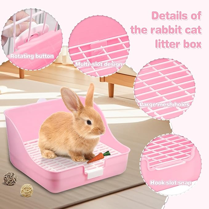 16 Pcs Bunny Grooming Kit,Rabbit Litter Box, Bunny Toys,Blankets with Cleaning Supplies,Pet Toilet Potty with Detachable Hanging Pet Cage Bowl Suitable for Rabbit,Guinea Pig(Pink) (Pink (16PCS))