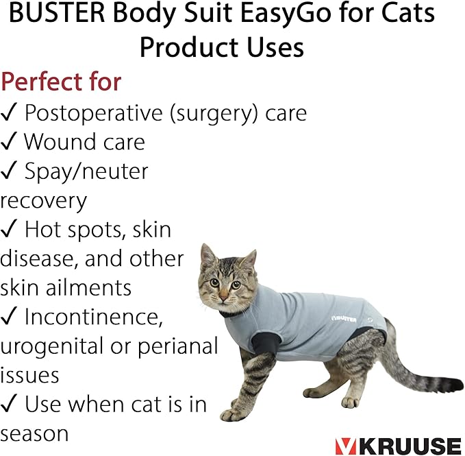 Kruuse Buster EasyGo Recovery Suit for Cats – Black/Grey (Small, 13.5") – Soft, Breathable Post-Surgery Bodysuit for Wound Care, Hot Spots & Incontinence – Comfortable Protection for Cats